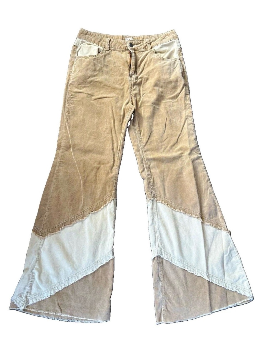 POL Beige and Cream Wide-Leg Patch Corduroy Jeans